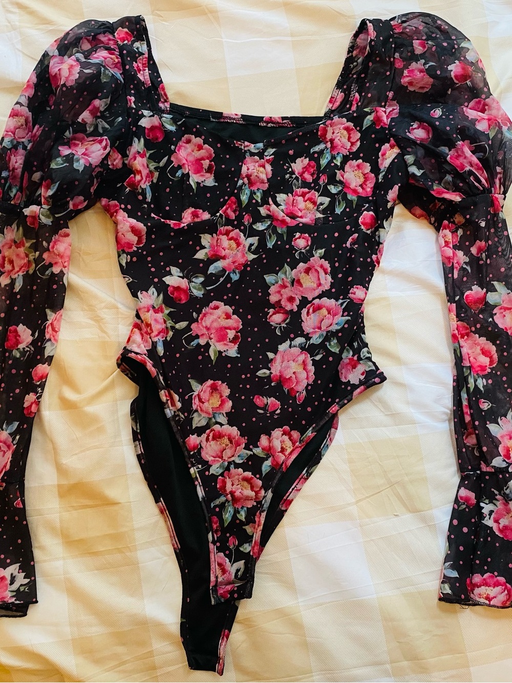 Floral Puff-Sleeve Blouse - Black with Pink Roses